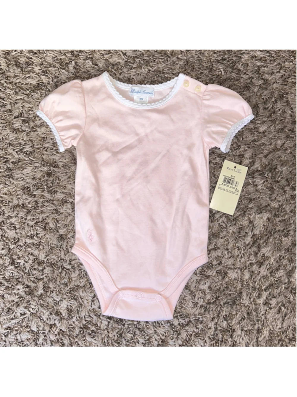 Baby Girl Ralph Lauren 100% Cotton Bodysuit 6 Months Pink White Scalloped Hems